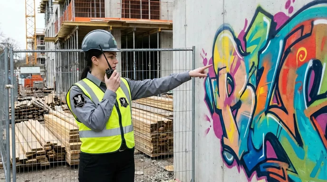 Officer reporting graffiti vandalism at construction site to prevent further damage and maintain security