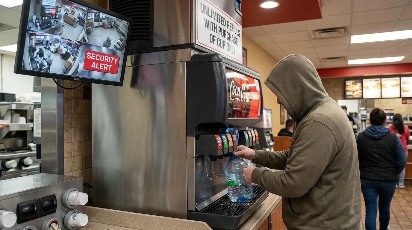 Security monitoring self-service beverage area in fast food restaurant