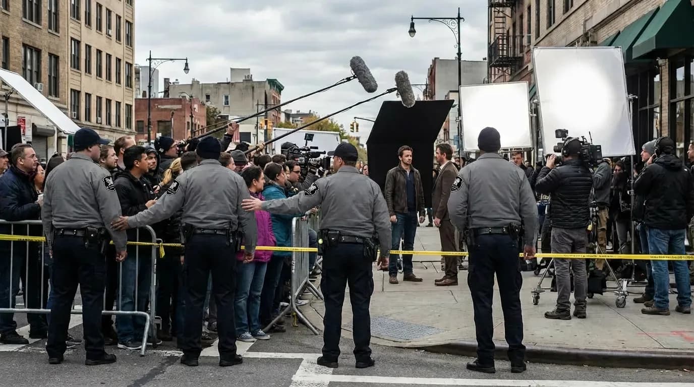 Security personnel managing crowd control at public film production location