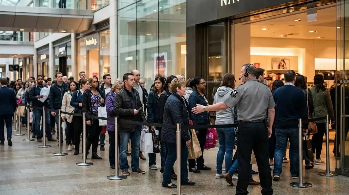 Security personnel managing crowd control in a busy shopping center